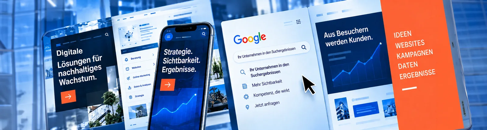 Collage aus Website-Layouts, Smartphone-Ansicht, Google-Suche und Wachstumskurve als bqo Markenmotiv
